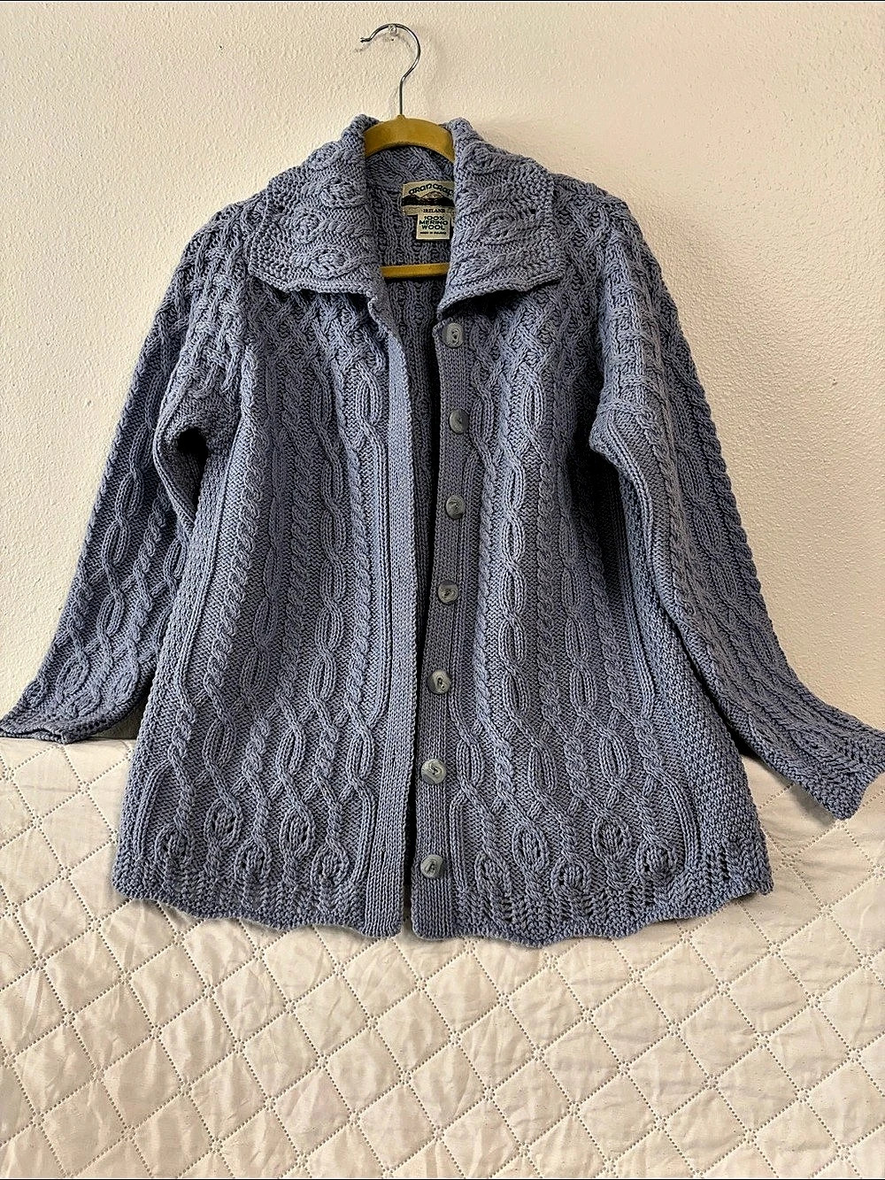 aran crafts Meath Side Button Cardigan Cable Knit Blue Small